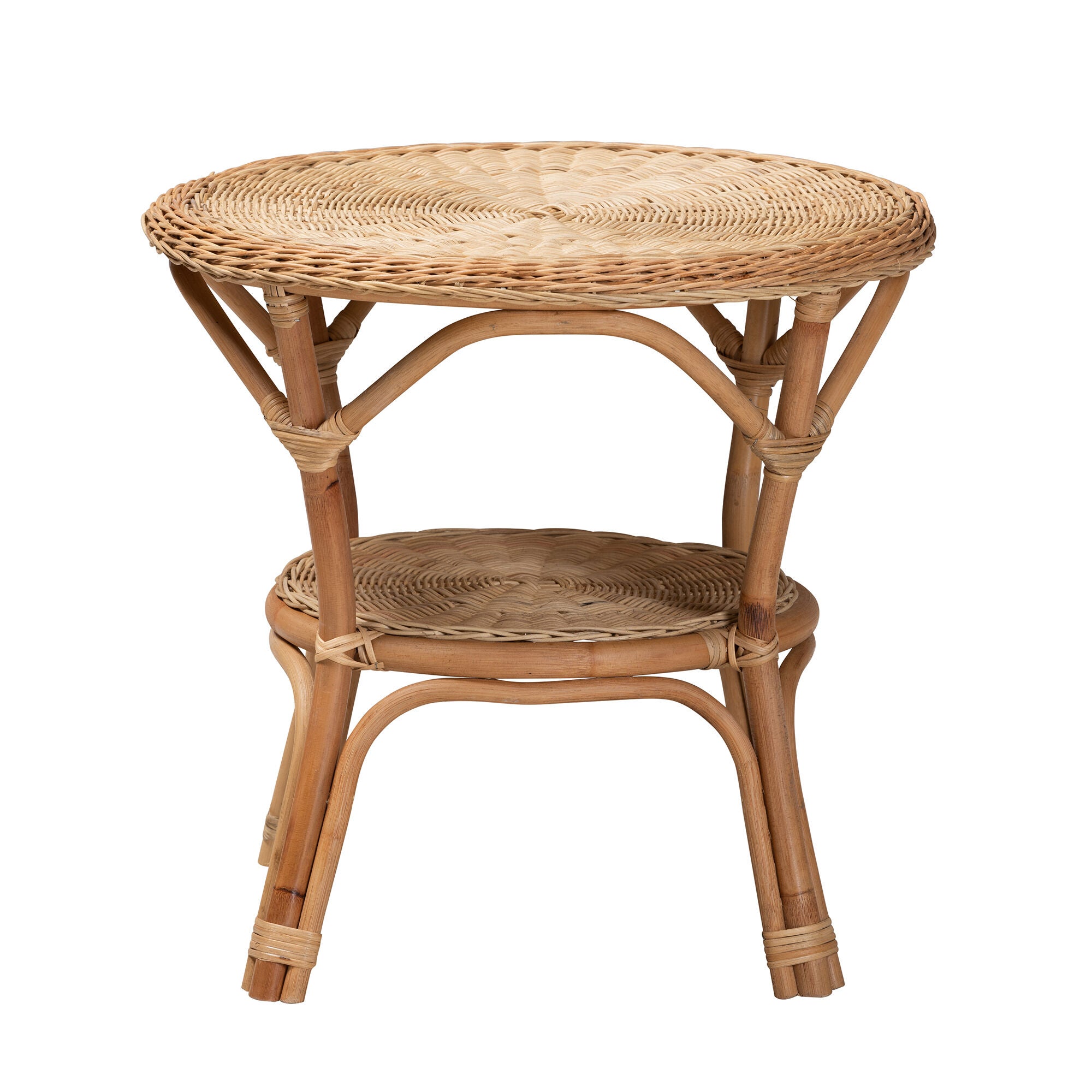 Natural rattan coffee table three-quarter view