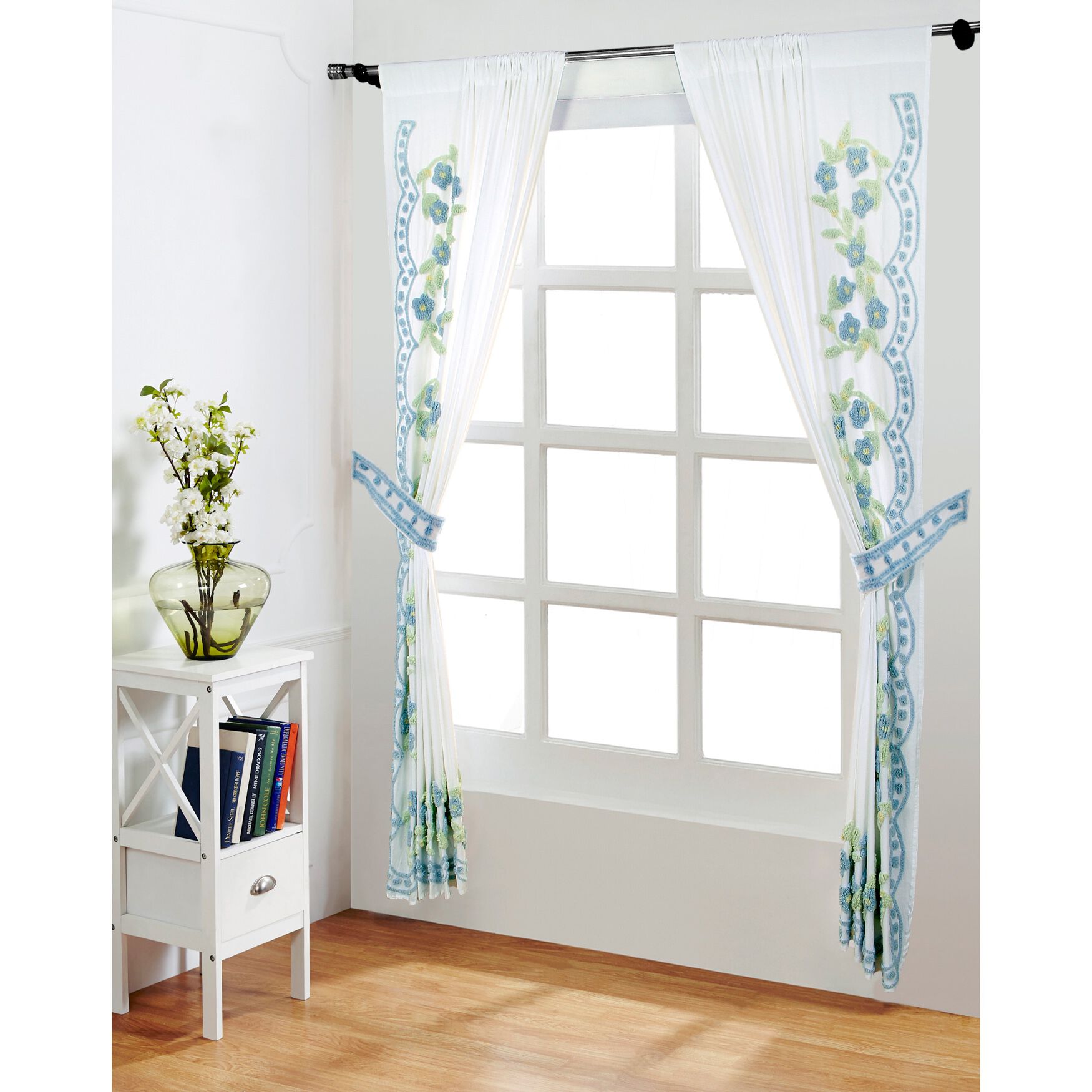 Bloomfield Collection in Floral Design 100% Cotton Tufted Chenille Curtain 2 Piece Set , , on-hover image number 1