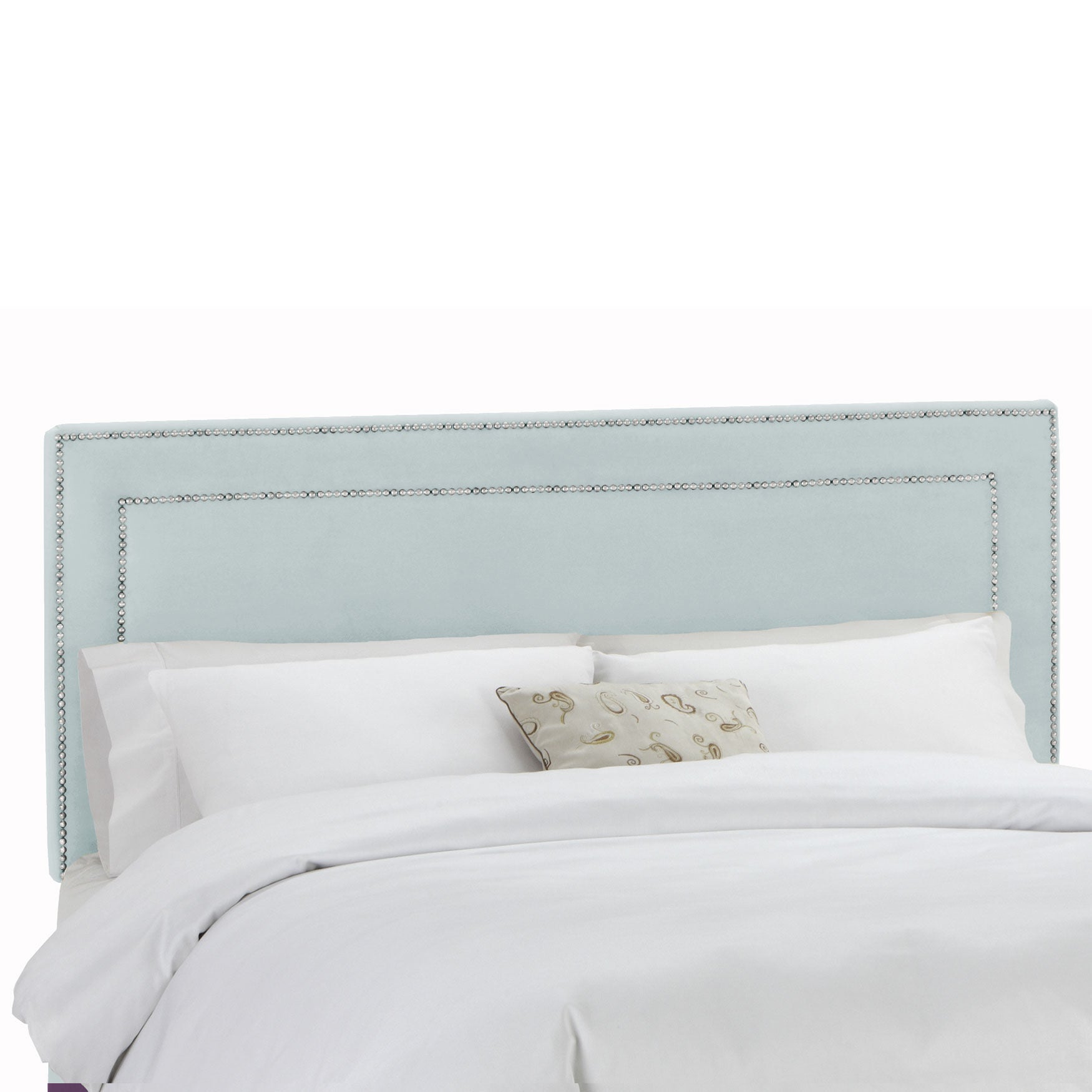 Velvet with Brass Nailhead Trim Queen Headboard, POOL, hi-res image number 0