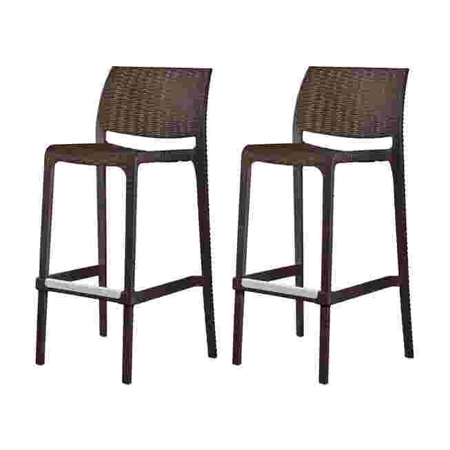 Two black outdoor bar stools on a white background.