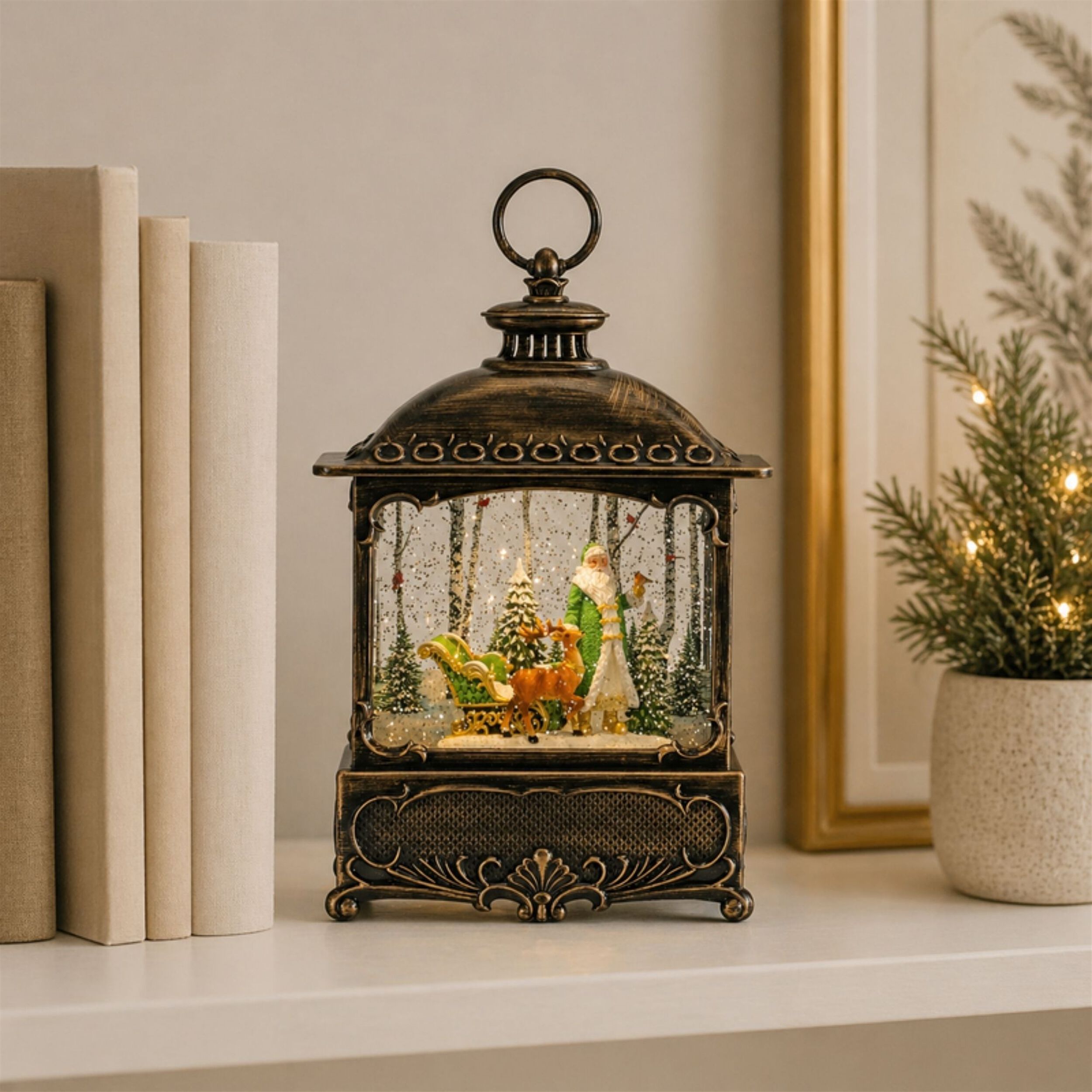 LED Snow Globe Lantern with Santa and Woodland Animals 10.5 inchesH, BRONZE GREEN, alternate image number 3