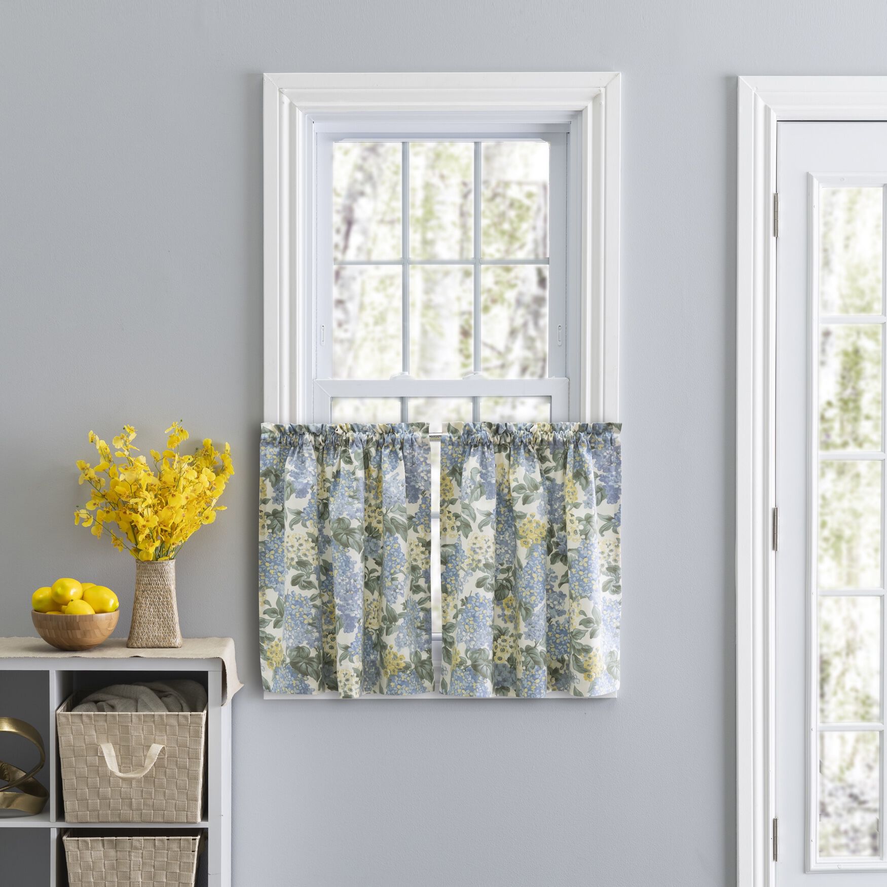 Hydrangea Tailored Tier Curtain Pair, BLUE, hi-res image number 0