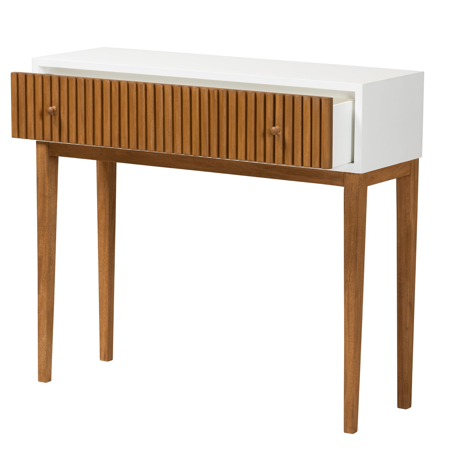 Odile Mid-Century Modern Two-Tone Natural Brown And White Bayur Wood 1-Drawer Console Table, , on-hover image number 1