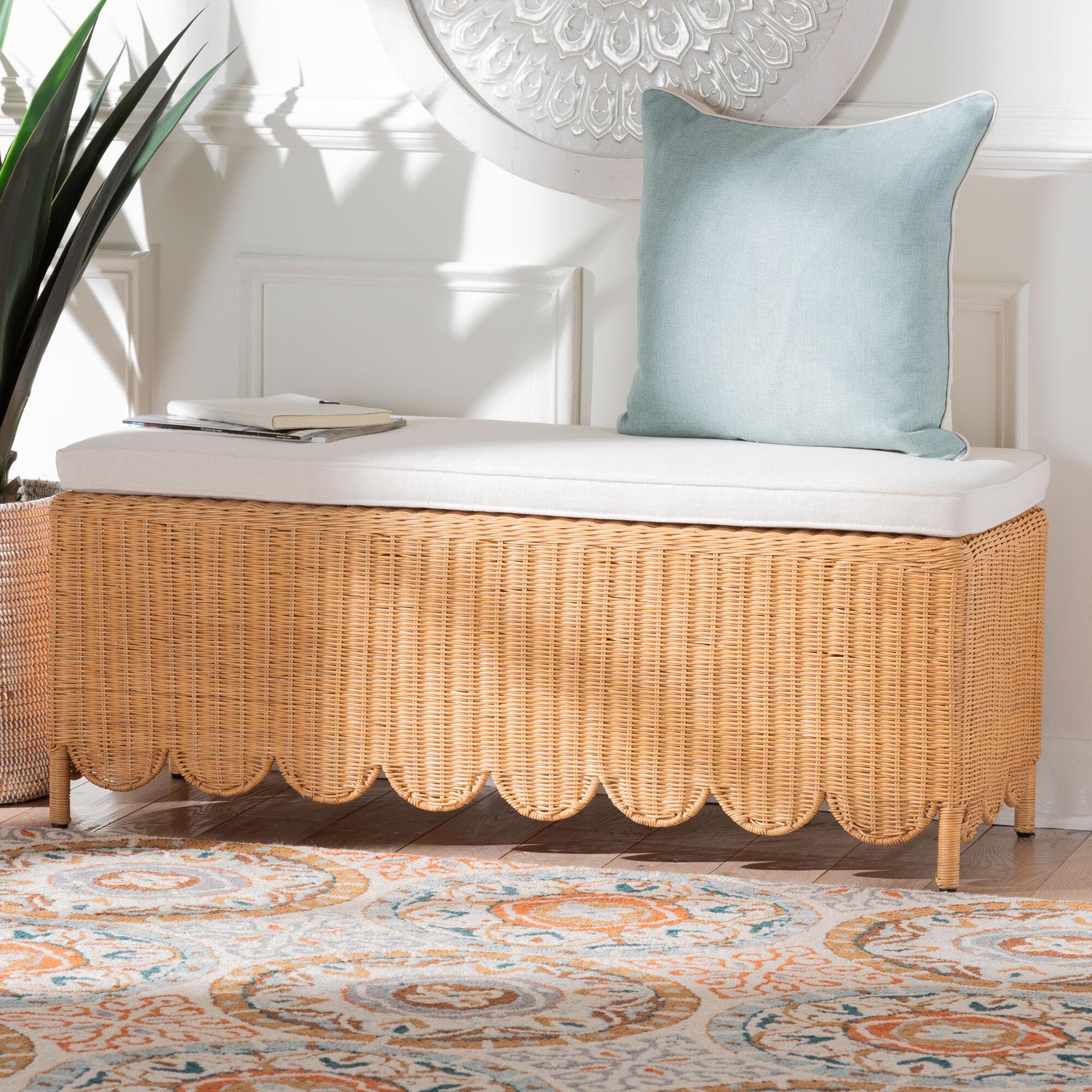 Teresa Bohemian Light Honey Scalloped Rattan Ottoman Bench, HONEY, hi-res image number 0