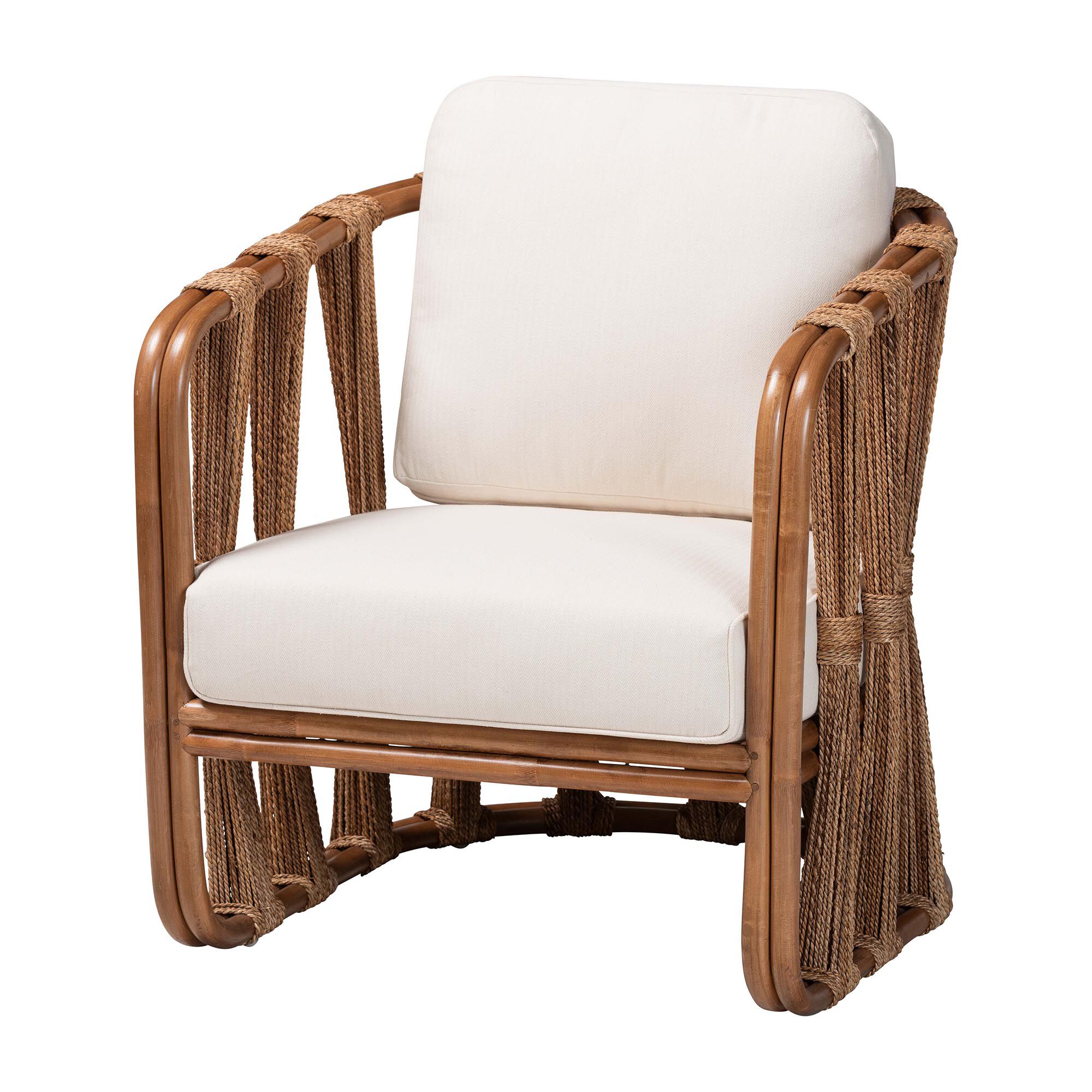 Small image of natural rattan and seagrass arm chair with white cushion