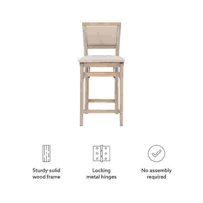 Grey wash folding bar stool with icons highlighting features