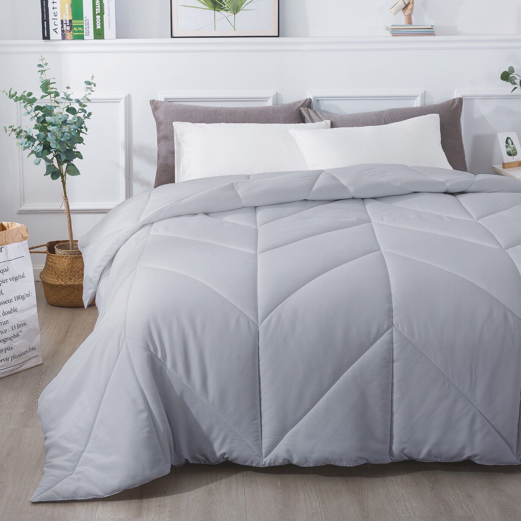 Chevron Stitch Down Alternative Comforter, Grey, GREY, hi-res image number 0