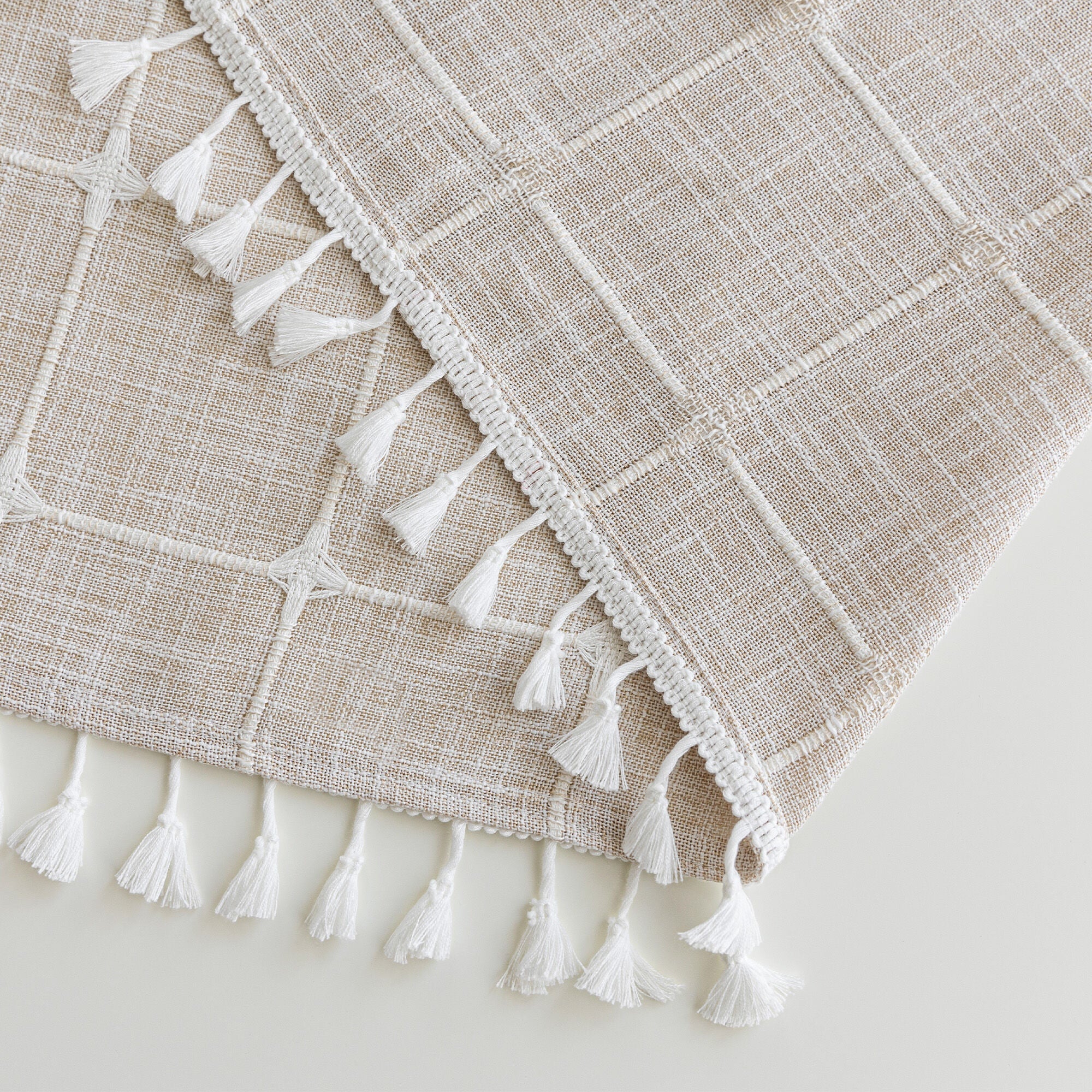 No Hook Geometric Tassels Shower Curtain with Snap-in Liner, CREAM, alternate image number 4