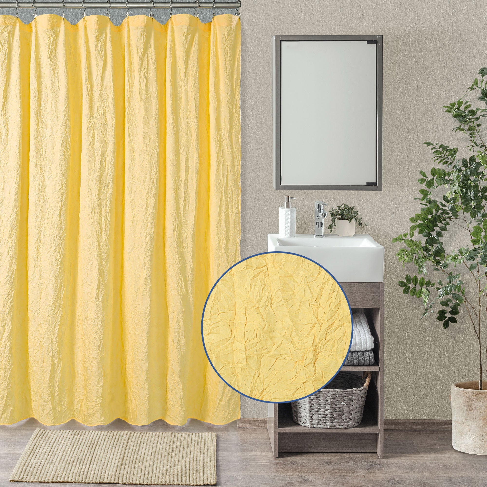 Crinkle Eco-friendly Water Repellent Solid Texture Shower Curtain, SUNSHINE, hi-res image number 0