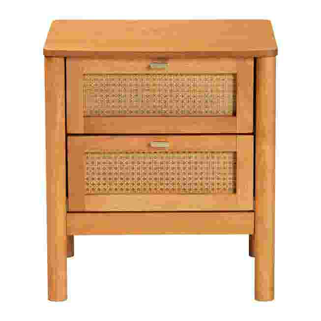 Front view of golden brown 2-drawer wood nightstand with rattan fronts