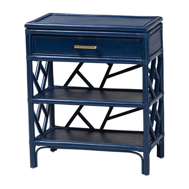 Blue nightstand with drawer, crisscross shelves, and gold bar handle