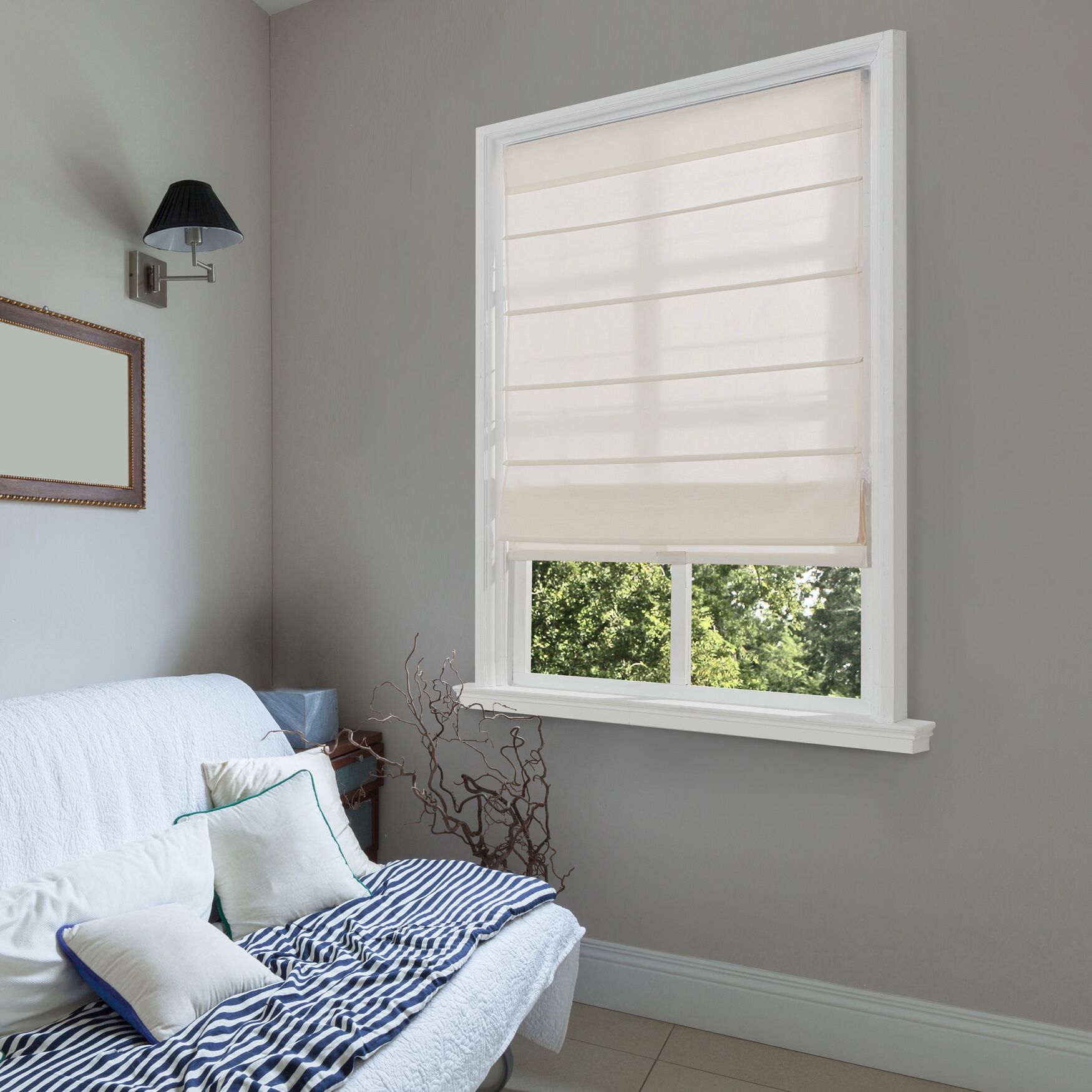 Cordless Light Filtering Fabric Roman Shades, IVORY, hi-res image number 0