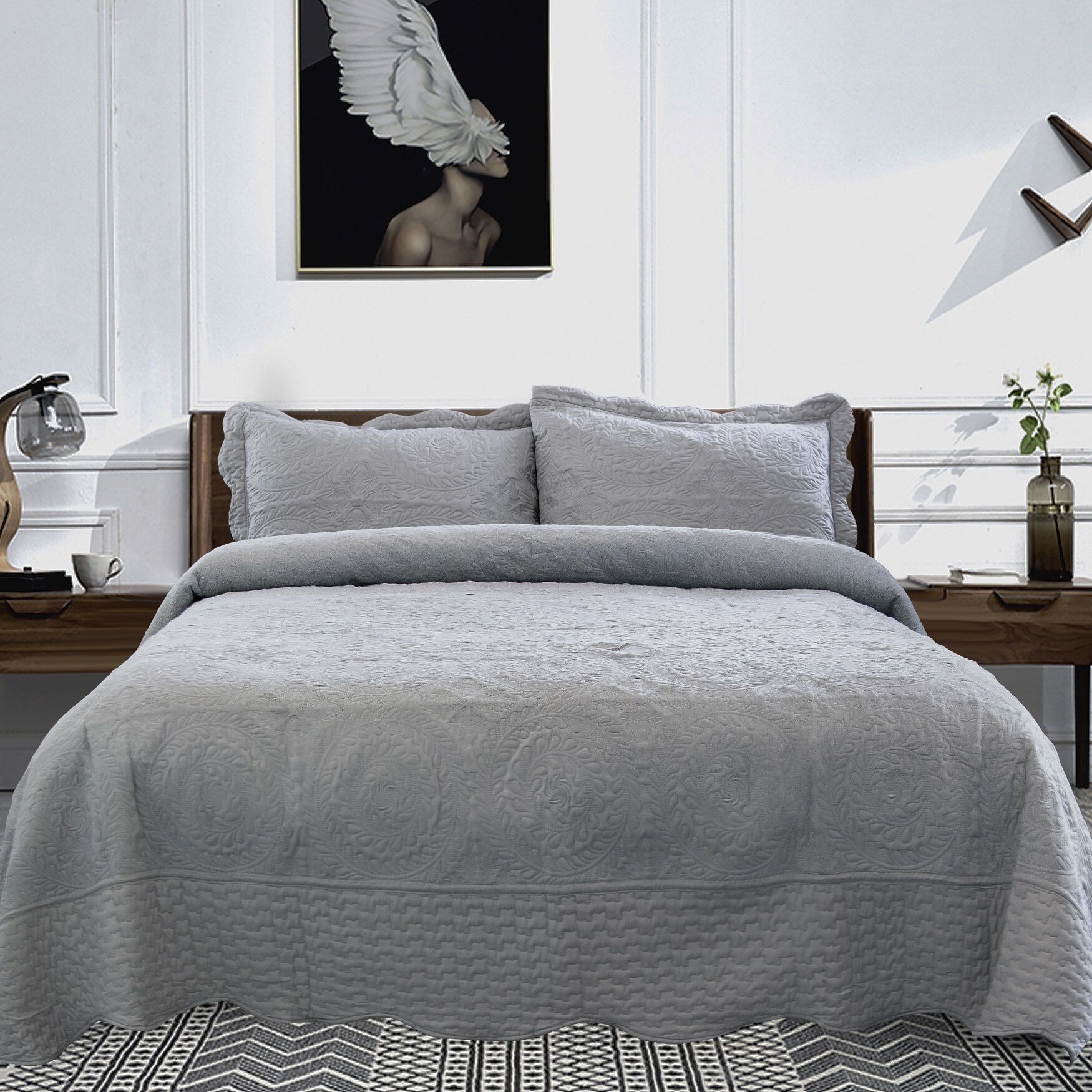 Embroidered Oversized Scalloped Edge Quilt Set, GREY, hi-res image number 0