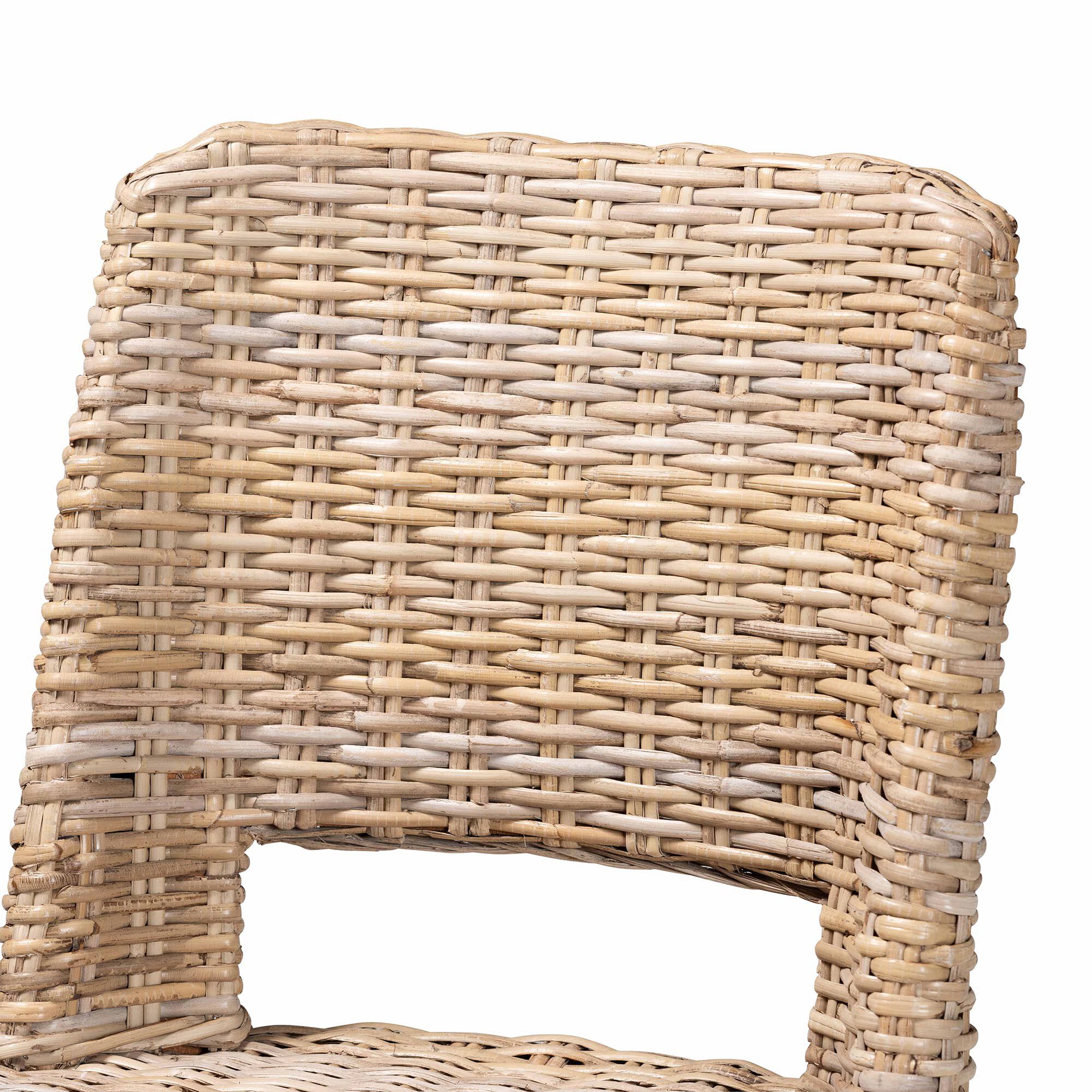 Close-up of woven rattan back panel on bar stool.
