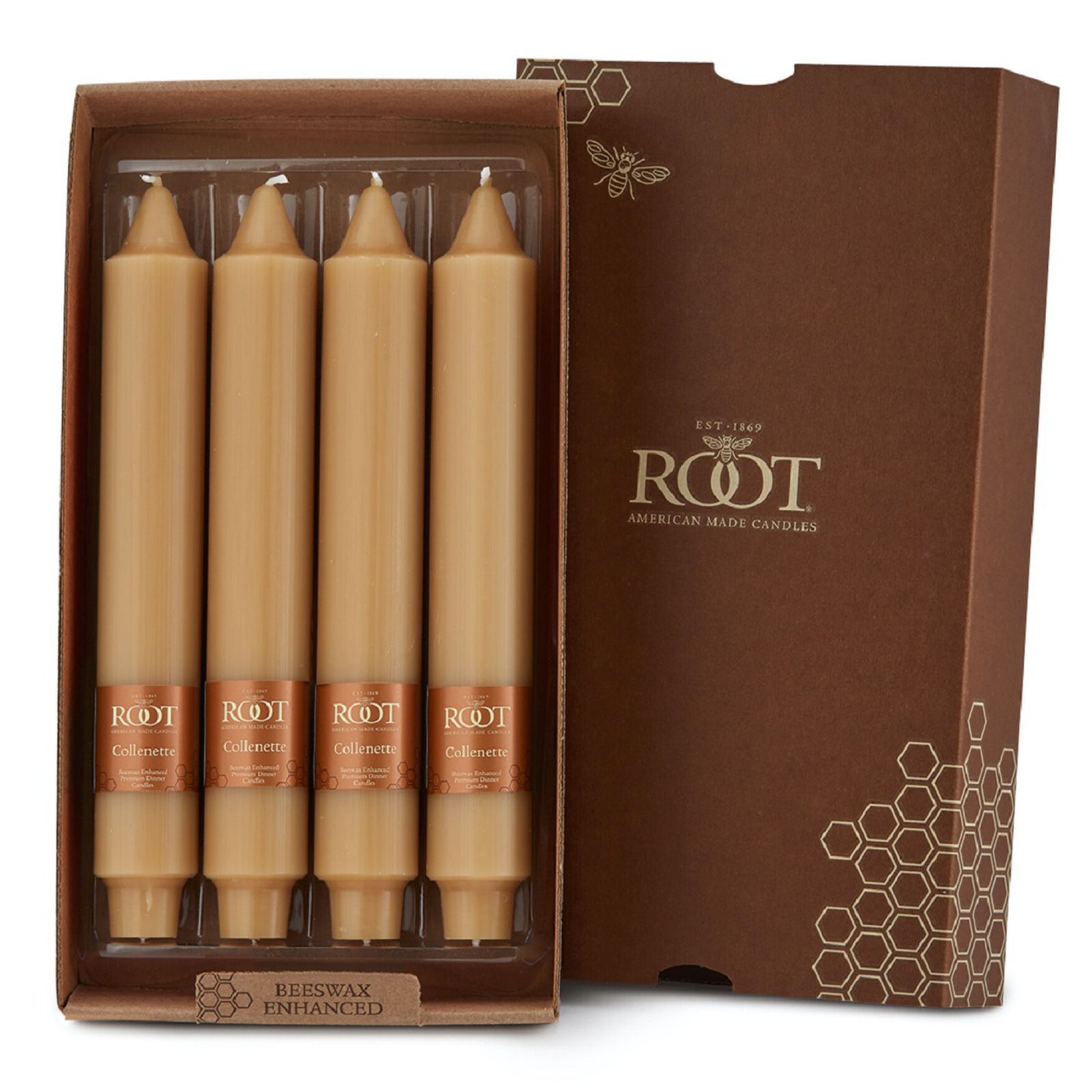 Smooth Collenette 9 inch Beeswax Unscented Taper Candle, Box of 4, BEES, hi-res image number 0