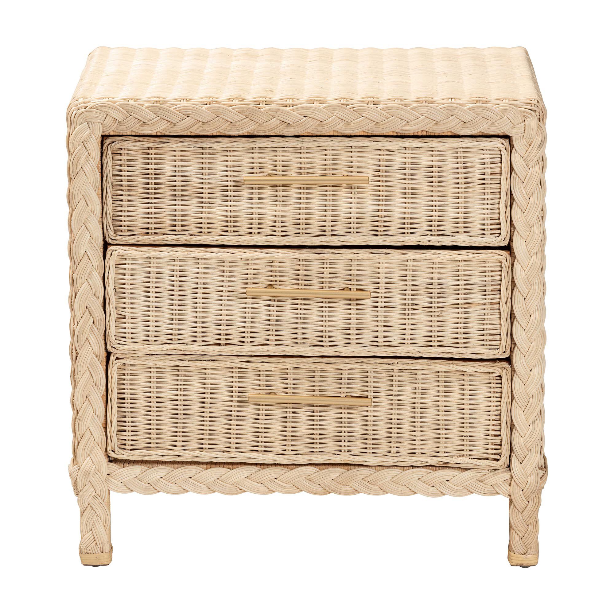 Lanica Japandi Sun Bleached Rattan 3-Drawer Nightstand, BROWN, alternate image number 3