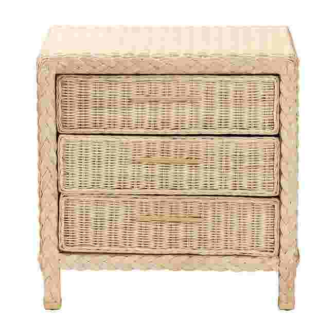 Sun bleached rattan nightstand with three drawers