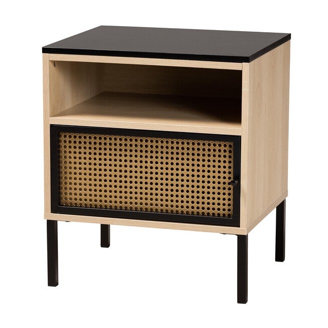 Felton Mid-Century Modern Two-Tone Black And Gold Metal And Light Brown Finished Wood 1-Door End Table, BLACK GOLD, hi-res image number 0