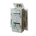 White jewelry armoire open with drawers and hanging jewelry storage