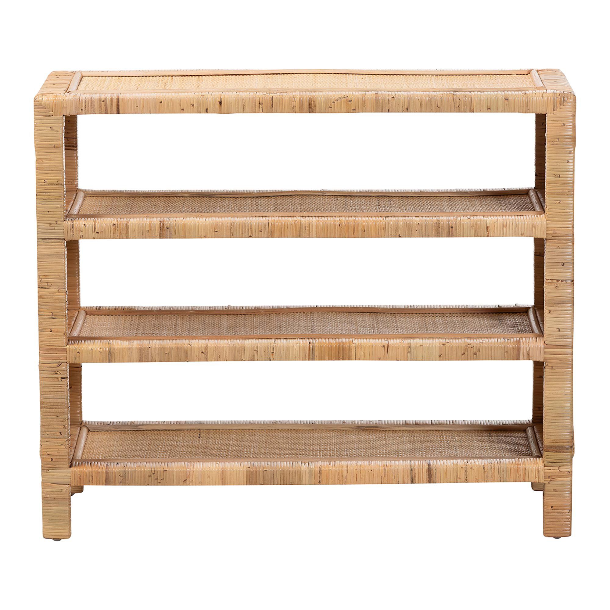 Natural rattan 4-tier display shelf open-front view