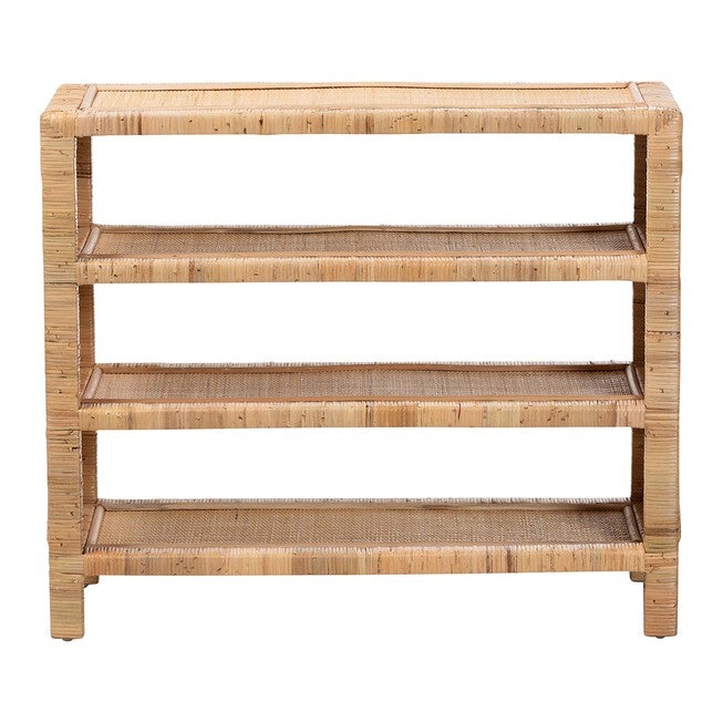 Natural rattan 4-tier display shelf three-quarter front view