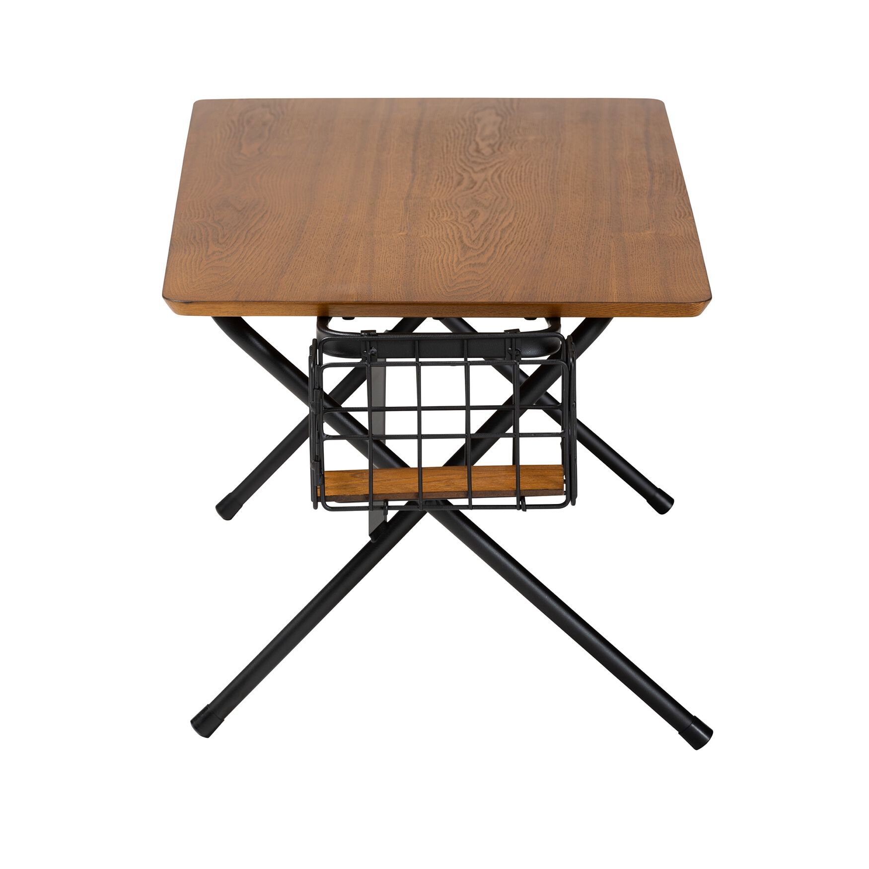 Top-down view showing wooden tabletop and metal frame with basket underneath