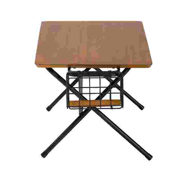 Top-down view showing wooden tabletop and metal frame with basket underneath