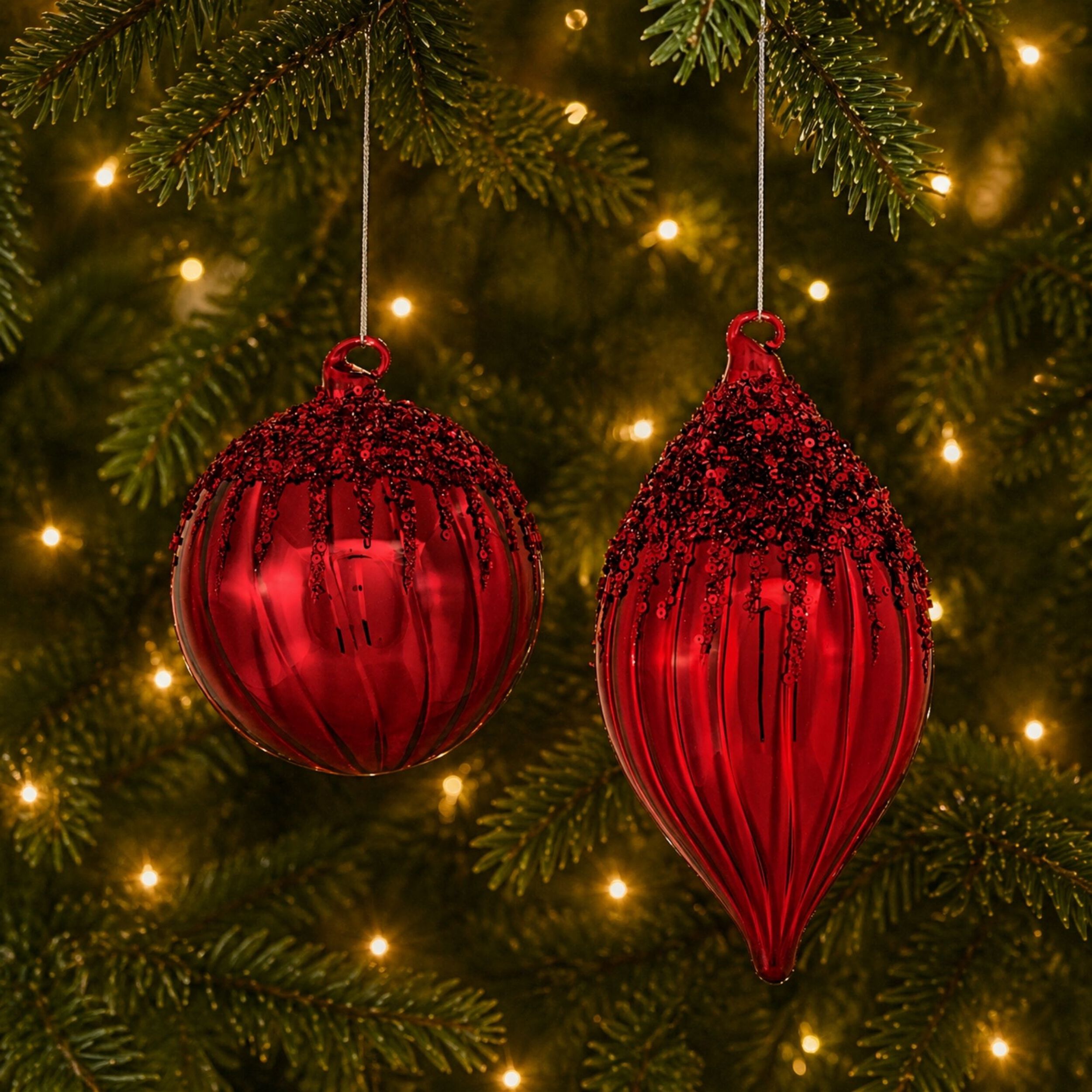 Sequined Glass Ornament (Set of 4), RED, alternate image number 1