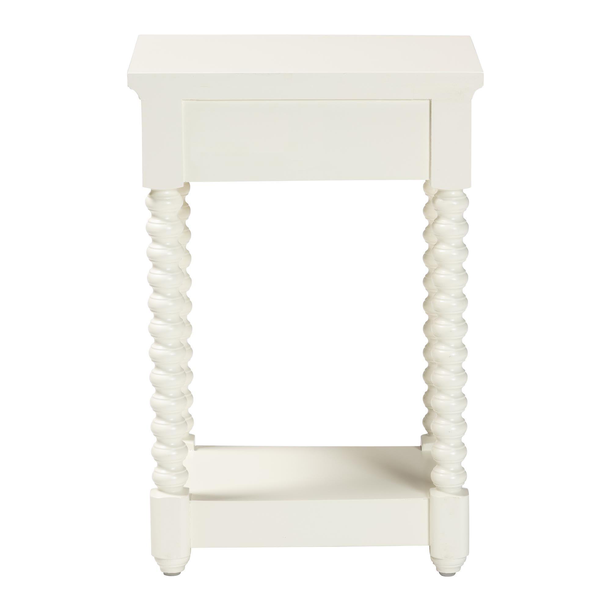 White nightstand with a drawer and twisted legs, shown from the front against a white background.