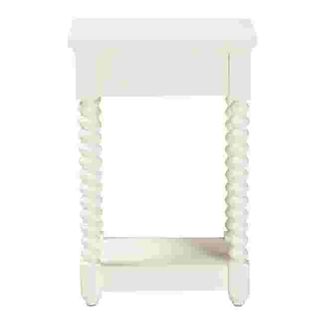 White nightstand with a drawer and twisted legs, shown from the front against a white background.
