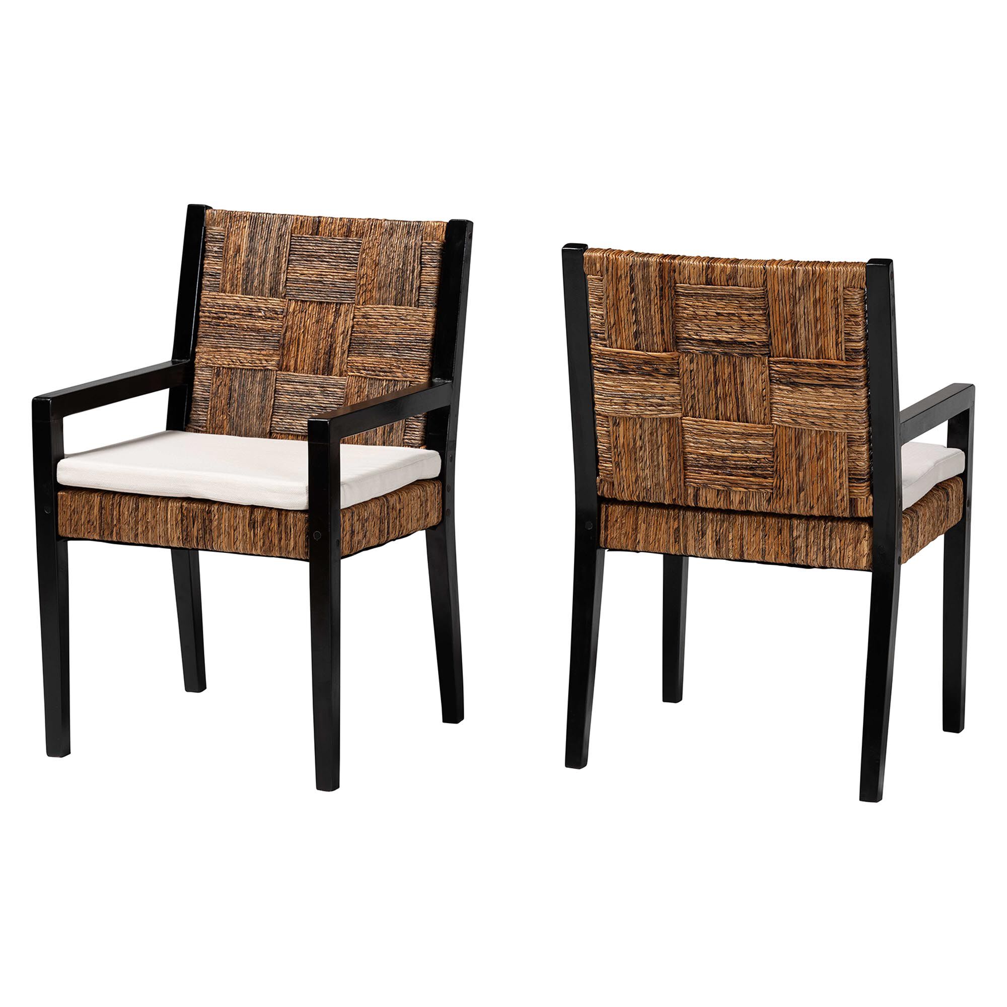 Front and back views of seagrass armchairs with black legs