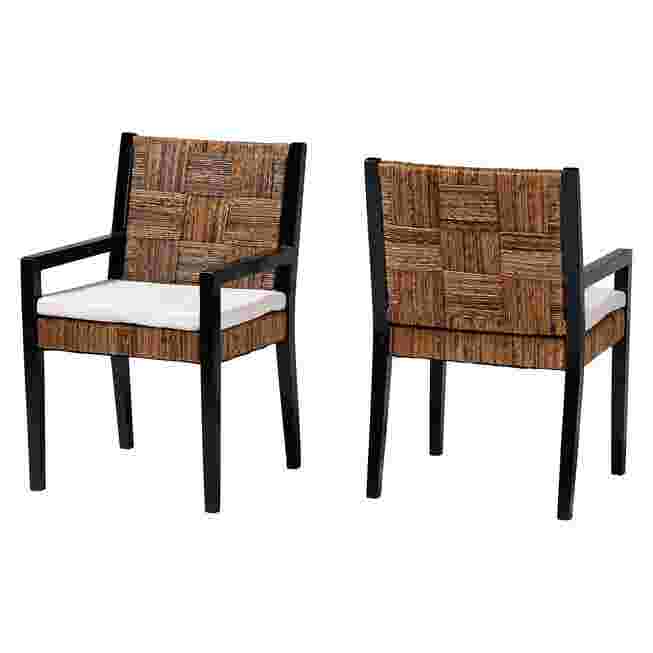 Front and back views of seagrass armchairs with black legs