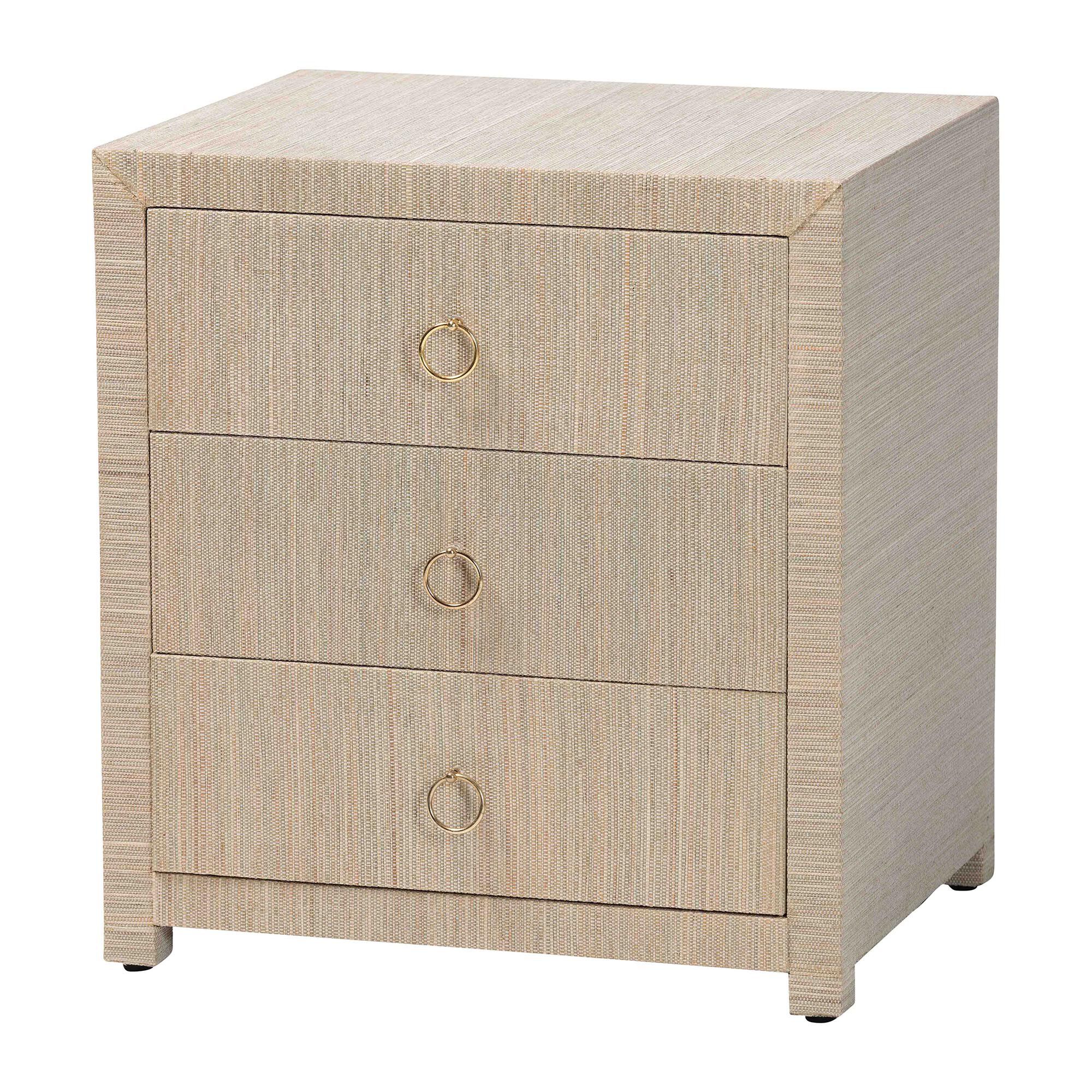 Quinn Bohemian Woven Natural Grasscloth 3-Drawer Nightstand, NATURAL, alternate image number 1