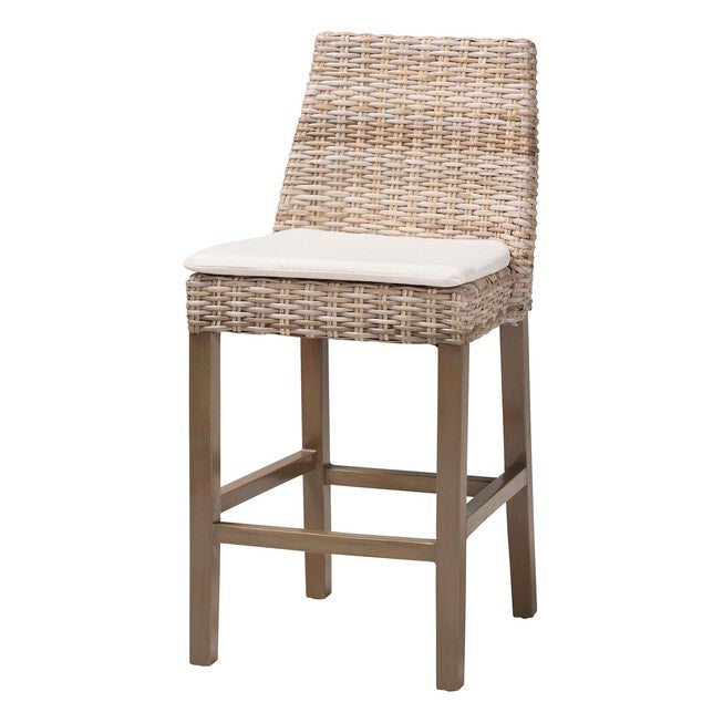 Toby Modern Bohemian Grey Kubu Rattan And Rustic Taupe Finished Mahogany Wood Counter Stool, GREY TAUPE, hi-res image number 0