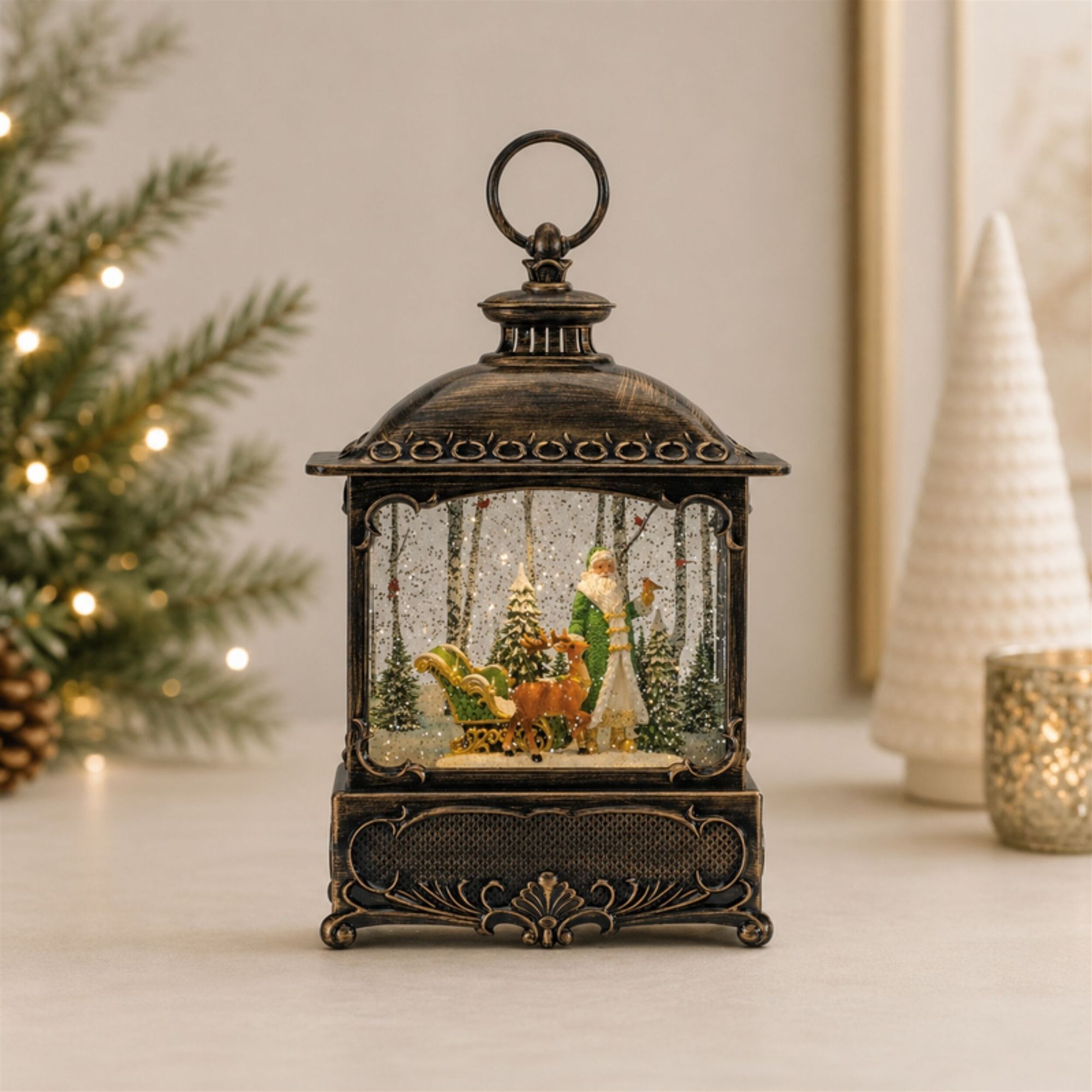 LED Snow Globe Lantern with Santa and Woodland Animals 10.5 inchesH, BRONZE GREEN, alternate image number 1