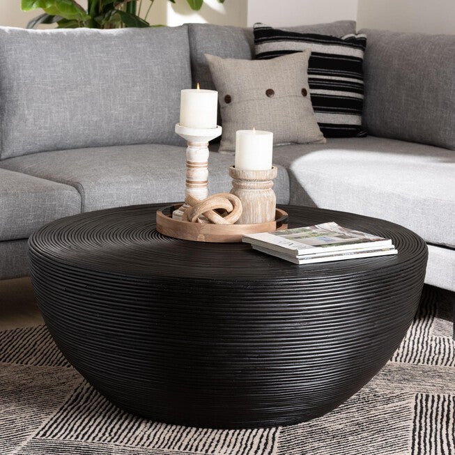 Black laminated rattan round coffee table with concentric ribbing