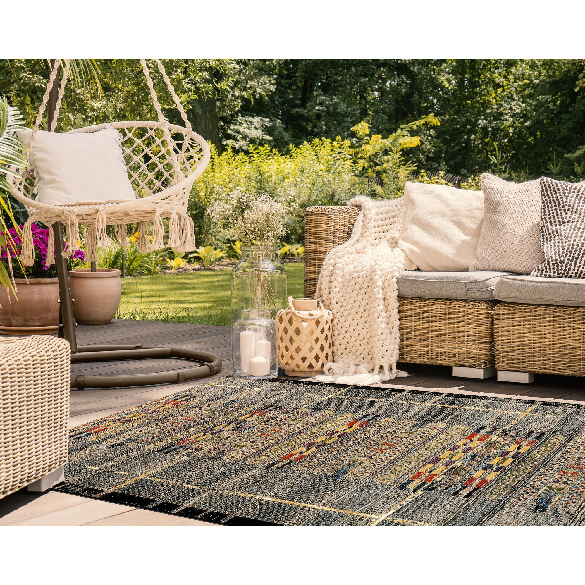 Liora Manne Marina Tribal Stripe Indoor/Outdoor Area Rug Black 8 feet 10 inches x 11 feet 9 inches, BLACK, alternate image number 2