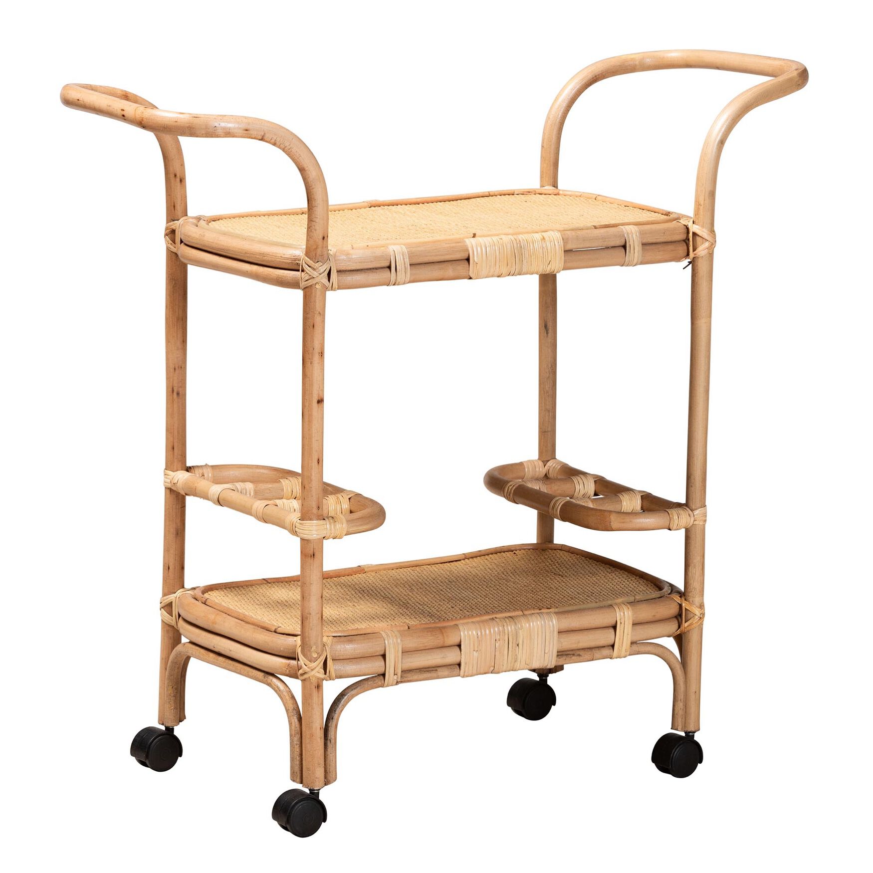 Hadia Modern Bohemian Natural Brown Rattan Wine Cart, NATURAL BROWN RATTAN, hi-res image number 0