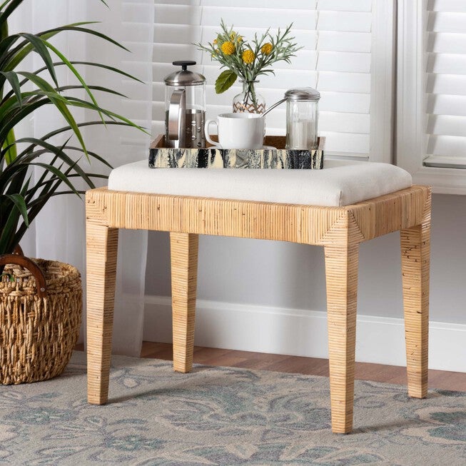 Sofia Modern Bohemian Natural Brown Rattan And Mahogany Wood Ottoman, , alternate image number null