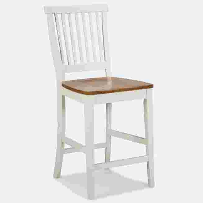 White bar stool with oak finished seat and slatted back
