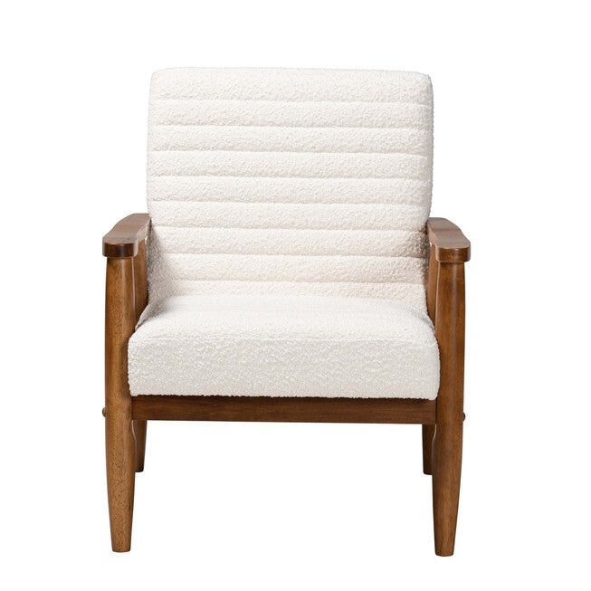 Stratton Mid-Century Modern Cream Boucle Fabric And Walnut Brown Finished Wood Armchair, , on-hover image number null
