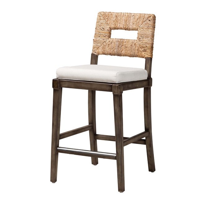Porsha Modern Bohemian Dark Brown Finished Mahogany Wood And Natural Rattan Counter Stool, DARK BROWN, hi-res image number 0