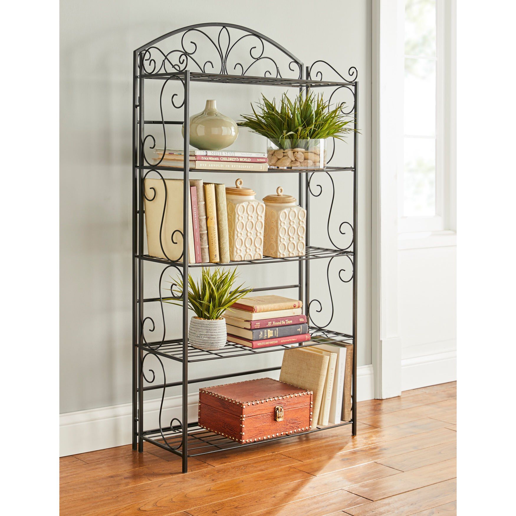 5-Tier Metal Scroll Folding Bookcase, BLACK, hi-res image number 0