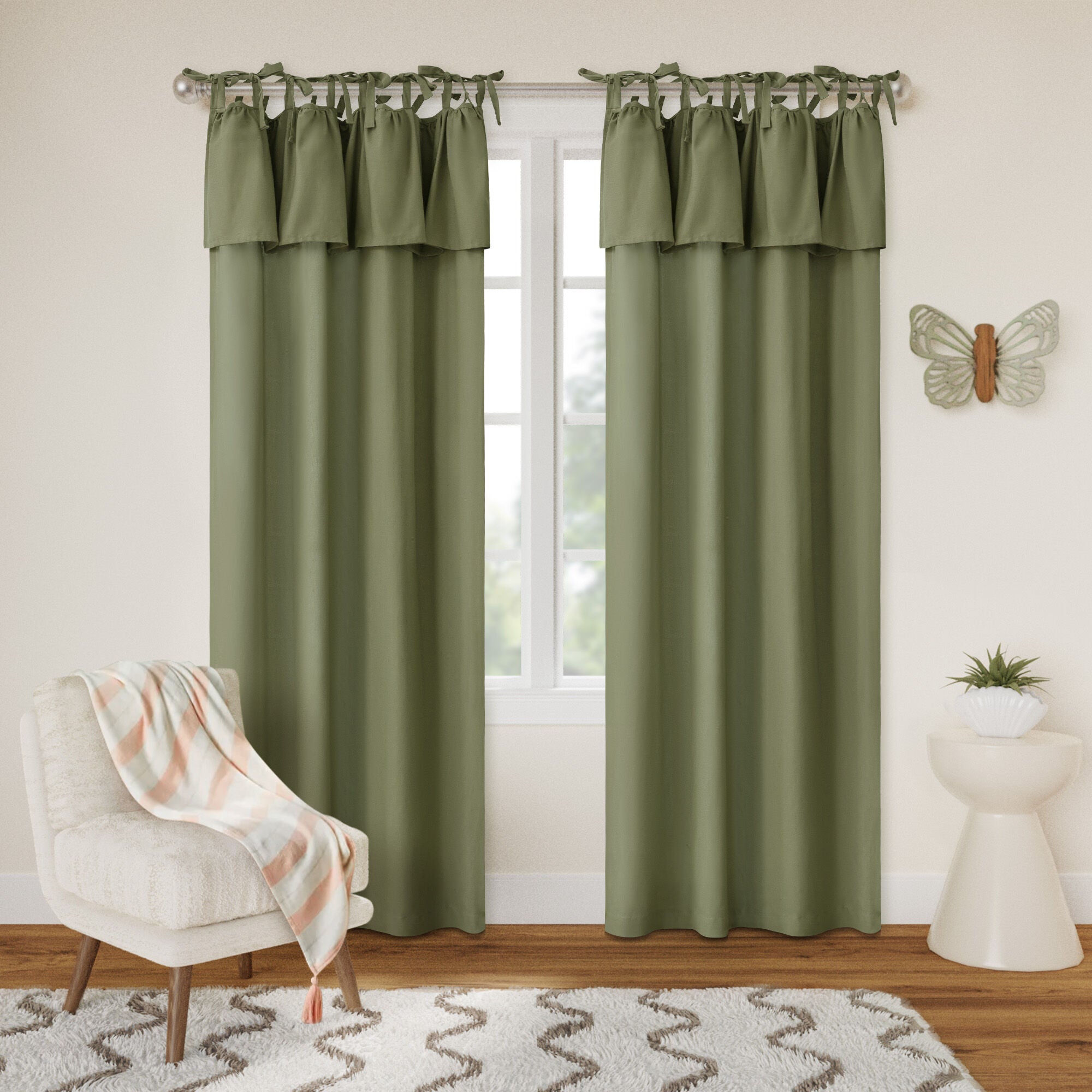 Recycled Cotton Blend Ruffle Tie Top Curtain Pair, OLIVE, hi-res image number 0