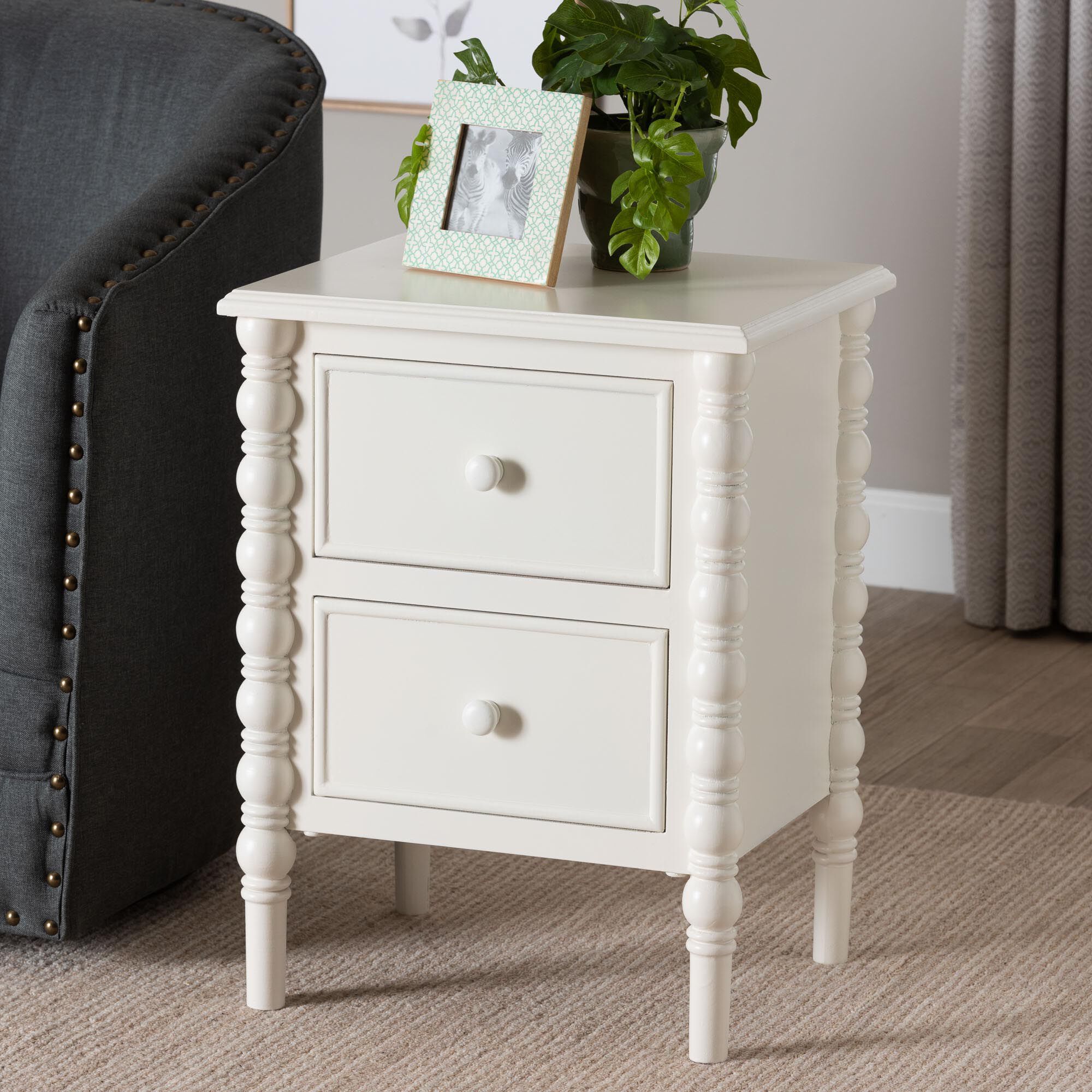 Malinda Classic White Wood 2-Drawer End Table with Spindle Legs, WHITE, hi-res image number 0