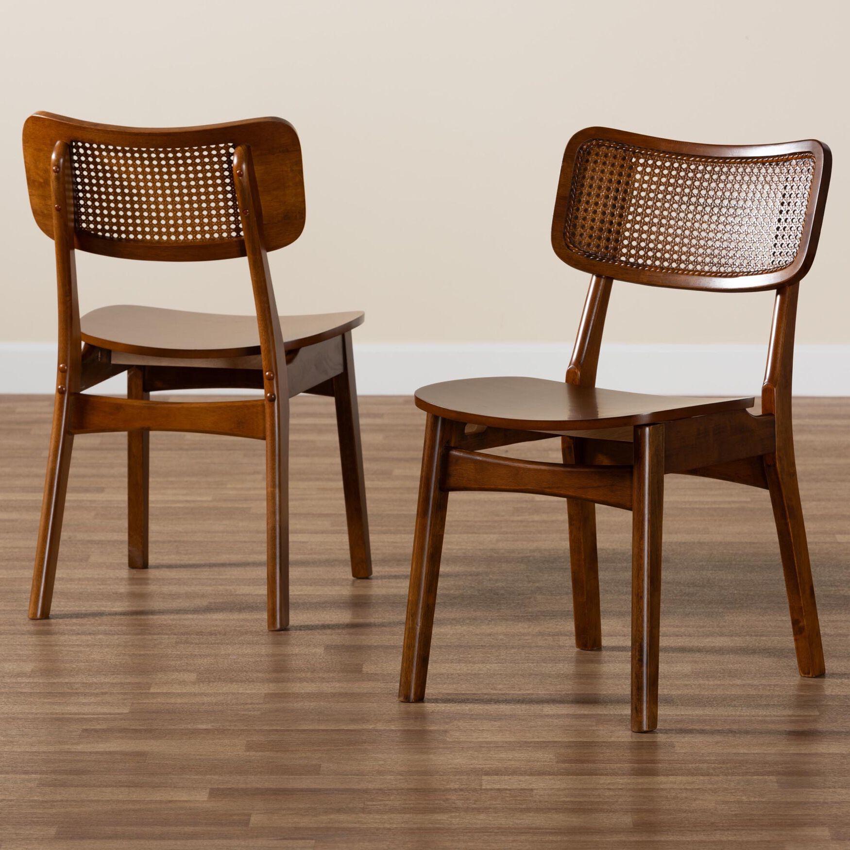 Tafari Mid-Century Modern Walnut Brown Finished Wood and Rattan 2-Piece Dining Chair Set, , alternate image number 25