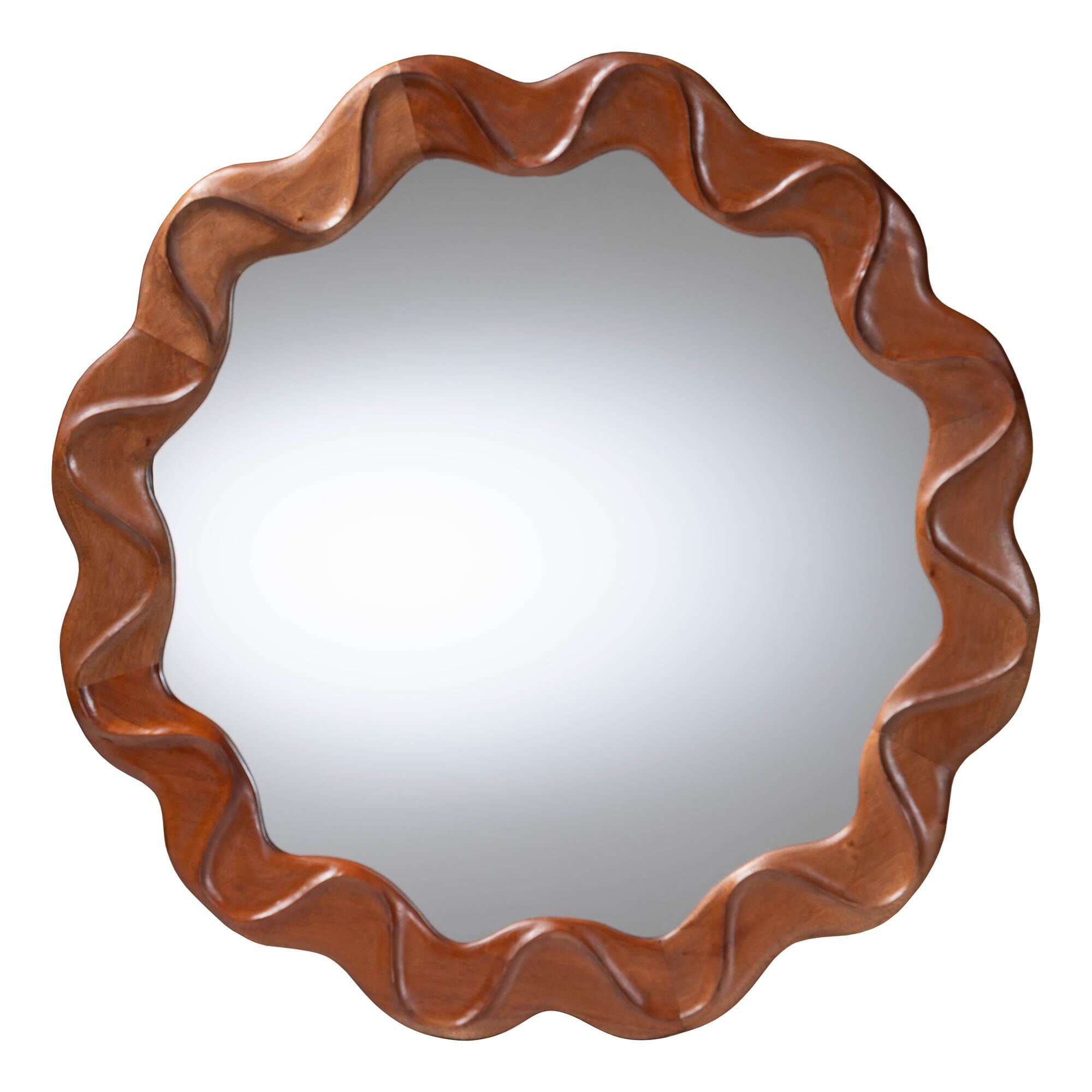Bahati Round Wall Mirror with Sculpted Wavy Frame, BROWN, alternate image number 1