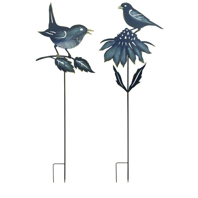 Iron Metal Cut Out Bird And Flower Garden Stake (Set Of 2), BLUE, hi-res image number 0