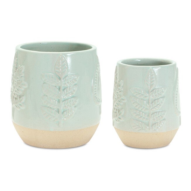 Two-Tone Porcealin Planter with Leaf Design (Set of 2), GREEN/TAN, alternate image number null