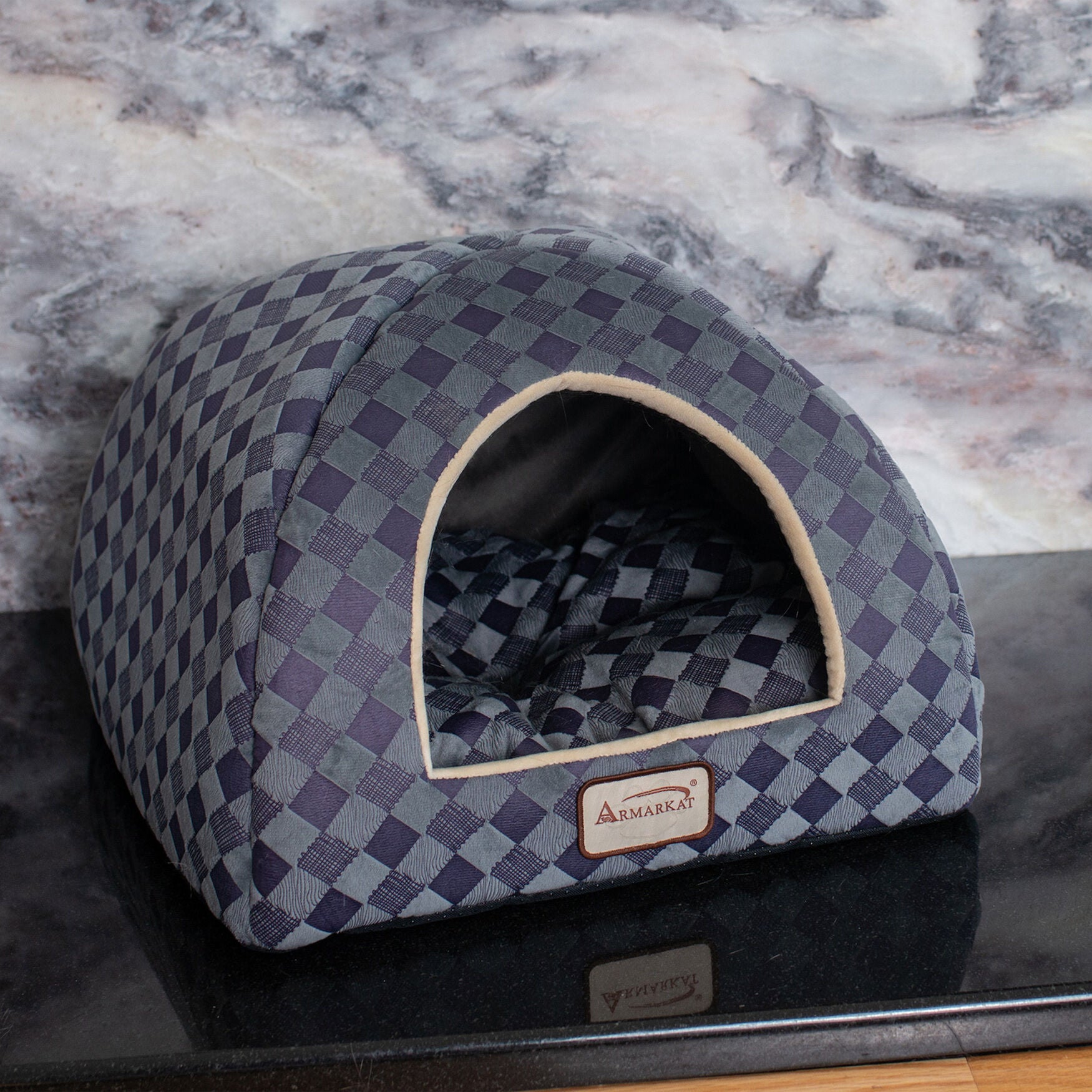 Purple Gray Checkered Cat Dog Bed, , alternate image number 2